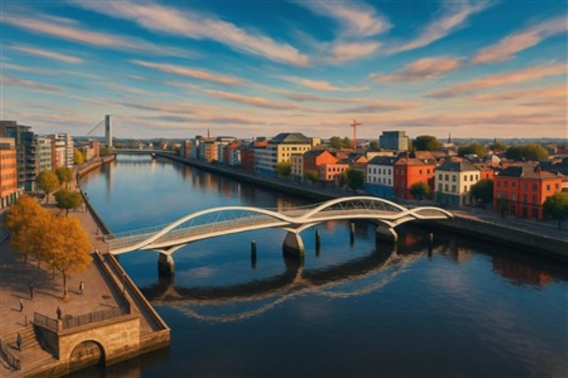 Flodens Magi: Modern Bro og Livlige Bygninger - Oplev det betagende panorama over en flod, hvor en moderne bro smukt strækker sig hen over vandet. De farverige bygninger langs bredden tilføjer liv og karakter til dette unikke motiv, perfekt til at skabe en indbydende atmosfære i dit hjem.