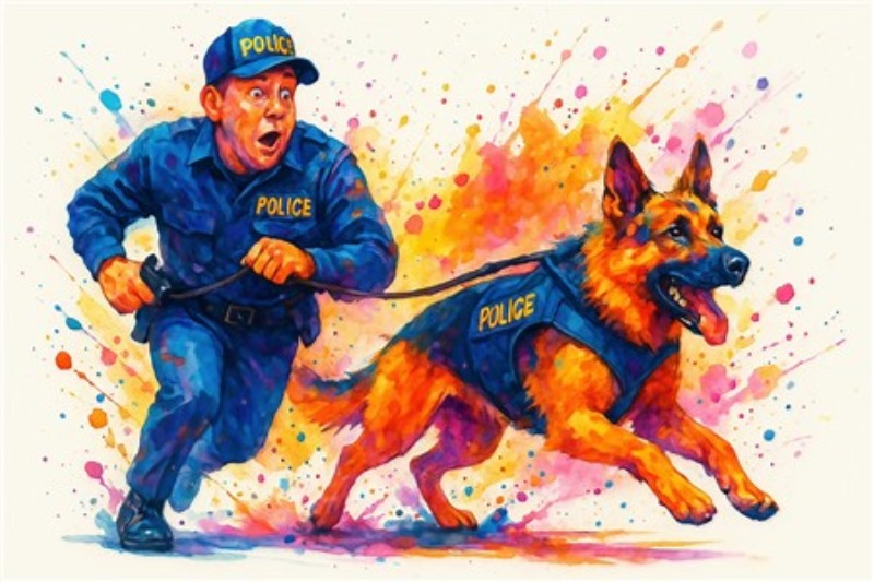 Dynamisk Politibetjent med Hundefører - Oplev denne farverige illustration af en politibetjent i aktion sammen med sin trofaste hund. Det dristige design fanger spændingen og energien fra deres samarbejde, perfekt til at tilføje liv til ethvert rum.