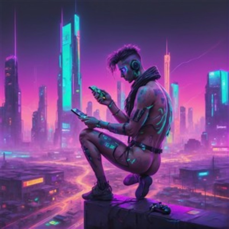Neon Drøm: Cyberpunk Byliv - Træd ind i en futuristisk neonverden med en cyborg, der interagerer med teknologi i en livlig by. Denne betagende kunstværk skaber en atmosfære af spænding og nysgerrighed, perfekt til moderne indretning.