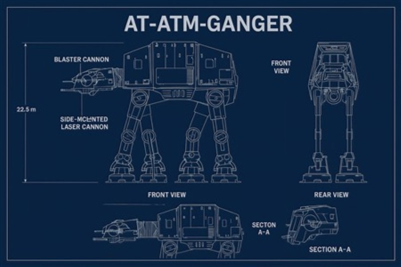 AT-ATM-Ganger Teknisk Skitse - Opdag en fascinerende teknisk skitse af AT-ATM-Ganger, der viser detaljerne fra forskellige vinkler. Denne illustration bringer futuristisk teknologi ind i dit hjem og tilføjer en unik charme til dit rum.