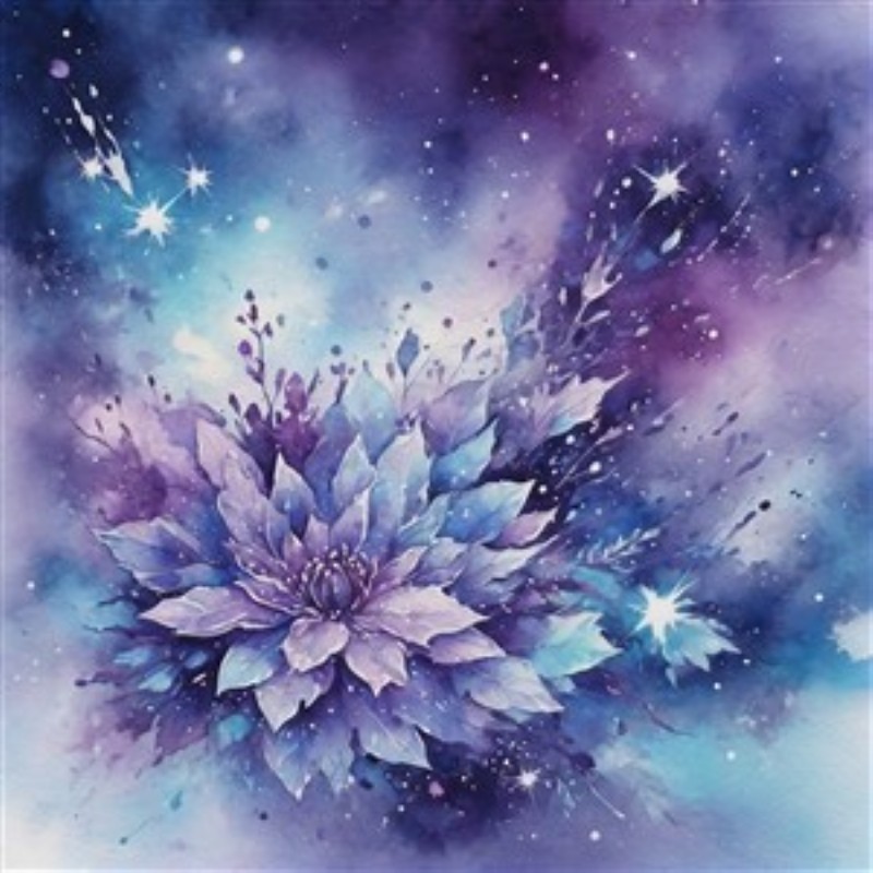 Galaktisk Blomsterdrøm i Lilla Nuancer - Forvandl dit rum med denne fantastiske akvarel, der kombinerer en drømmende blomst med stjerners magi. De dybe lilla og blå nuancer skaber en beroligende atmosfære, perfekt til at inspirere fantasi og ro.