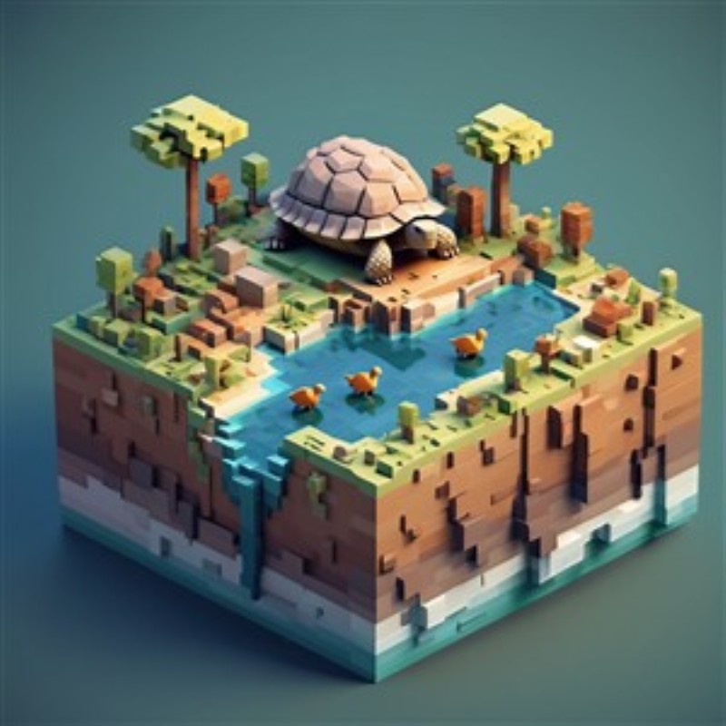 Fantastisk Skildpadde Habitat i 3D - Oplev glæden ved denne farverige 3D-rendering af en skildpadde på en idyllisk ø med søer, træer og legende ænder. Perfekt til at bringe liv og eventyr ind i dit hjem.