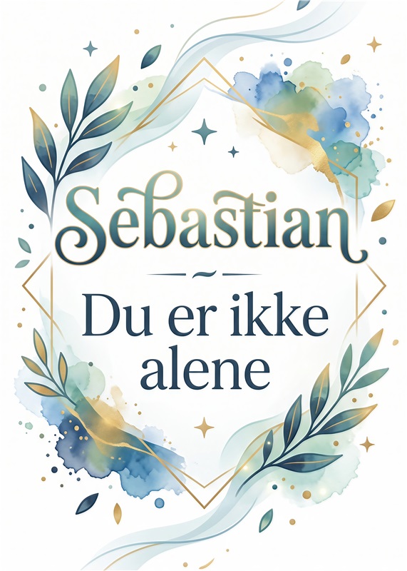 Sebastian: Du er ikke alene - Dette smukke plakat minder om, at vi aldrig står alene. Med bløde pastelfarver og en elegant typografi, giver den en beroligende fornemmelse til ethvert rum. Perfekt til både stuen og soveværelset.