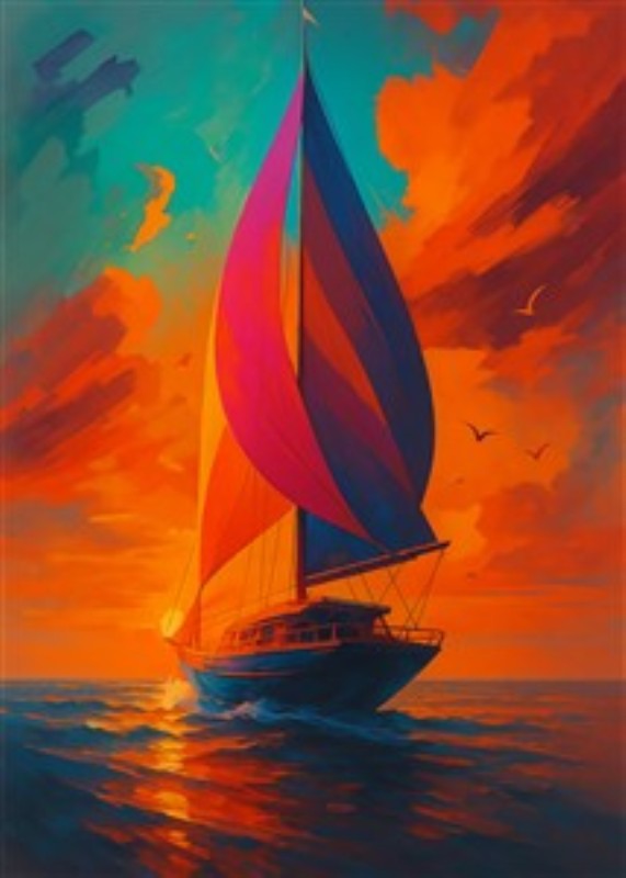 Sejlbåd i farverig solnedgang - Oplev skønheden ved denne farverige sejlbåd, der glider over det glitrende vand under en betagende solnedgang. Det perfekte kunstværk til at bringe liv og farve ind i dit hjem.