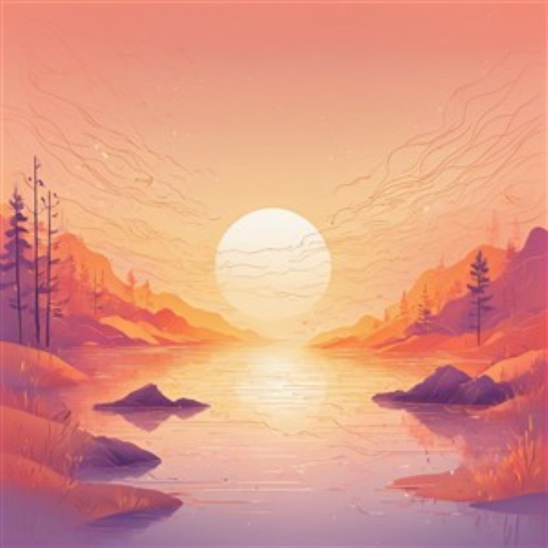 Morgensol Over Søen - Oplev den fortryllende skønhed af en solopgang, der kaster varme nuancer over en spejlagtig sø, omkranset af majestætiske bjerge og frodige træer. Denne illustration bringer ro og harmoni til dit hjem.