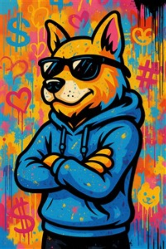 Stilfuld Hund i Grafitti-Univers - Dette farverige kunstværk præsenterer en cool hund med solbriller og hættetrøje, indhyllet i et livligt grafitti-inspireret miljø. Perfekt til at tilføje en sjov og moderne atmosfære til dit hjem.