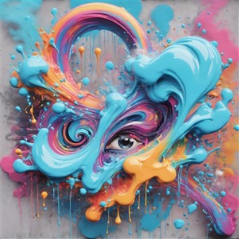 Farverigt Abstrakt Øje i Splashing Kunst - Oplev en fantastisk fusion af farver og former med dette unikke kunstværk, hvor et strålende øje udfolder sig blandt dynamiske maleriske splatter. Dette billede vil bringe liv og energi ind i ethvert rum.