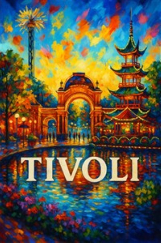Tivoli Oplevelser i Farver - Forvandl dit rum med dette livlige maleri af Tivoli, hvor farverne danser i aftenens lys. Oplev skønheden ved pagoden og de glitrende søer, der fanger essensen af magiske sommeraftener.