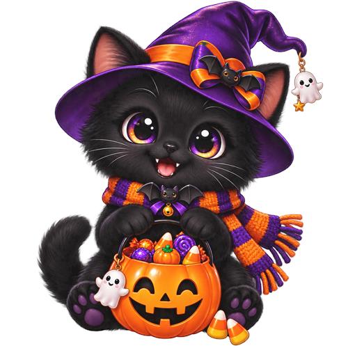 Sød sort Halloweenkat med græskarkurv
