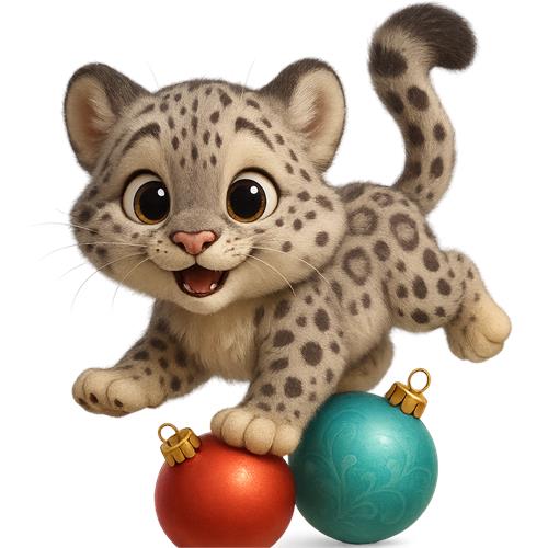 Legesyg sneleopardunge med julekugler
