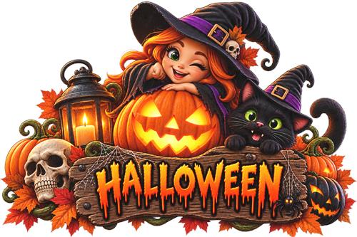 Halloweenheks med græskar og sort kat