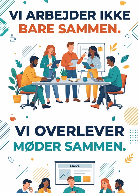 Samarbejde i Fællesskab - Kreativt mødeplakat - Denne inspirerende plakat fremhæver styrken i samarbejde og teamwork. Perfekt til kontoret eller kreative rum, den motiverer til produktive møder og fælles succes. Giv dit arbejdsområde en opmuntrende atmosfære!