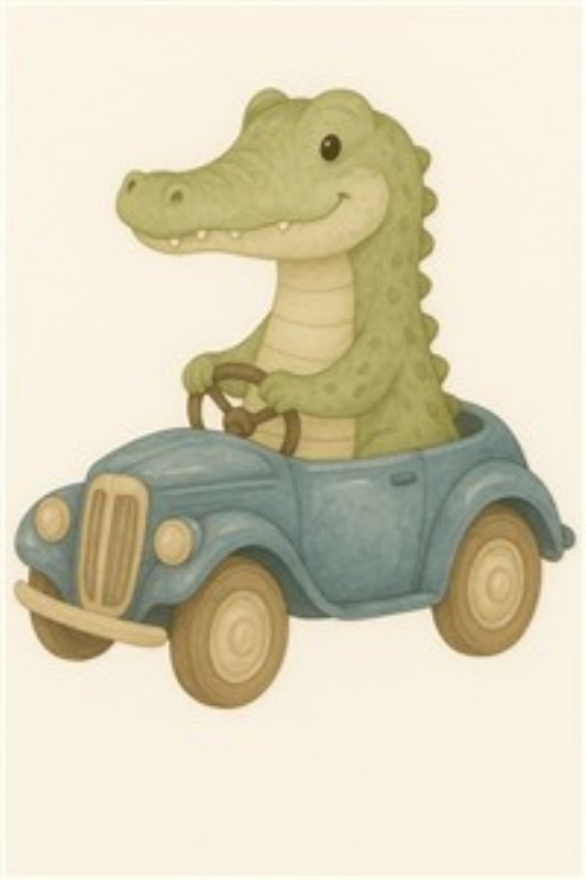 Sød krokodille i blå bil - Denne charmerende plakat præsenterer en glad krokodille, der kører i sin lille blå bil. Den livlige illustration bringer glæde og fantasi til ethvert rum, perfekt til at inspirere både børn og voksne.