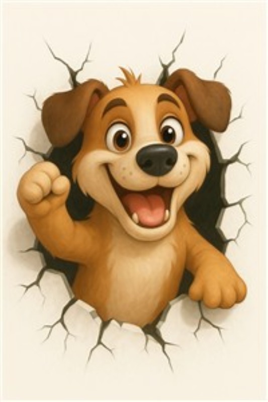 Sjov hund der smiler fra væggen - Oplev den glade hund, der med sit smittende smil stikker hovedet ud gennem væggen. Denne livlige illustration vil bringe glæde og varme ind i ethvert rum, perfekt til at skabe en munter atmosfære for både børn og voksne.