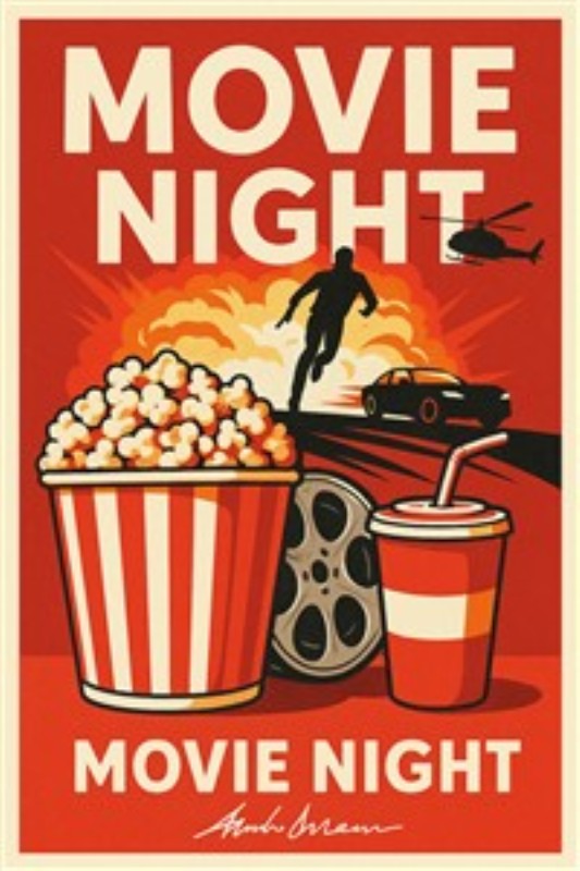 Film Gala med Popcorn og Action - Oplev den perfekte stemning til din film aften med denne farverige plakat, der fanger essensen af popcorn, læskedrikke og uforglemmelig action. Skab et hyggeligt miljø, hvor filmklassikere kan udfolde sig!