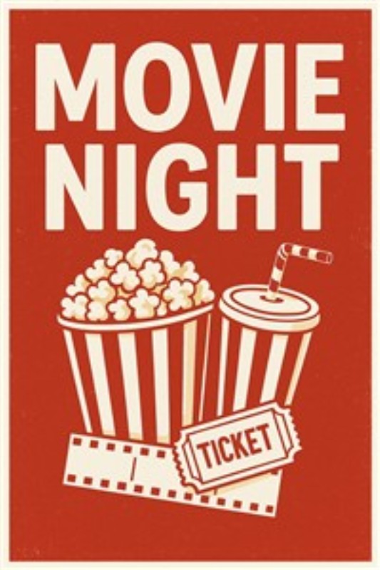 Filmaften med Popcorn og Billetter - Skab den perfekte filmaften med denne farverige plakat, der hylder popcorn, sodavand og spændingen ved en biografbillet. Den nostalgiske stemning bringer varme minder og inviterer til hyggelige stunder med venner og familie.