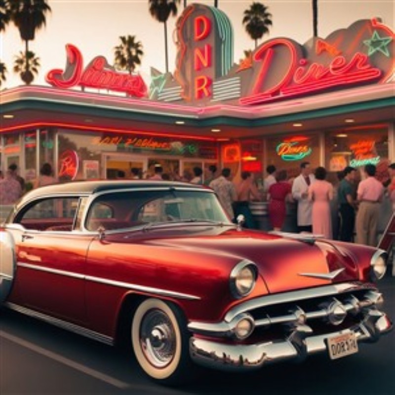 Vintage Diner Eventyr med Rød Bil - Oplev nostalgien med dette betagende motiv af en rød vintage bil, der står i forgrunden af en retro diner. Med neonskilt og livlige mennesker, vækker denne plakat minder om svundne tider og skaber en hyggelig atmosfære i dit hjem.