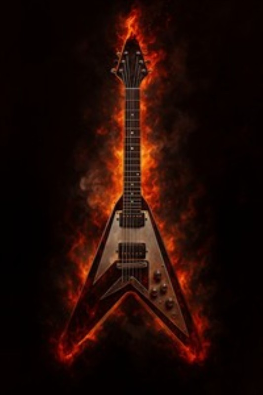 Brændende elektrisk guitar i drama - Oplev den intense energi fra denne brændende elektriske guitar, der stiger frem fra mørket. Dens flammende effekter tilføjer en dramatisk og musisk atmosfære, perfekt til din kreative indretning.