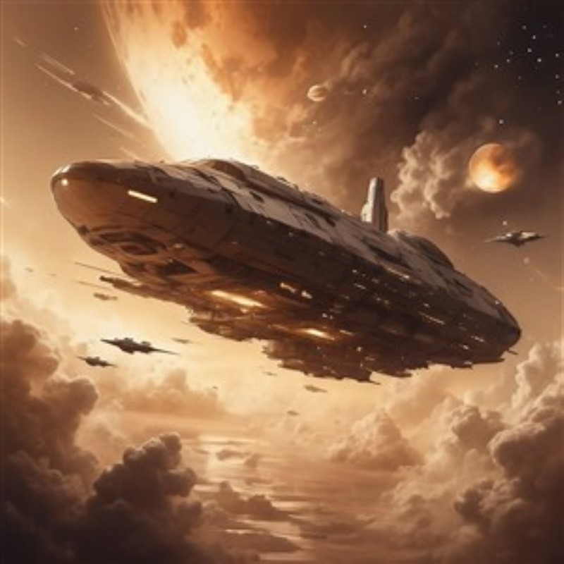 Interstellar Skib i Dramatisk Himmel - Oplev et storslået interstellar rumskib, der majestætisk svæver gennem en dramatisk, planetfyldt himmel. Dette kunstværk fanger essensen af eventyr og udforskning, perfekt til ethvert rum, der inspirerer til drømme.
