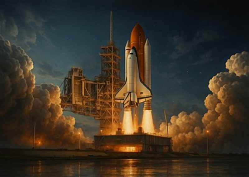 Eventyrlig Raketopsend i Nattens Lys - Oplev dramaet ved raketopsendelse i denne fascinerende illustration. Den majestætiske rumraket bryder gennem den mørke nat, omfavnet af en sky af lys og røg, der skaber en inspirerende atmosfære. Perfekt til drømmere og rumfascinerede sjæle!