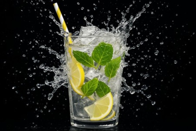 Frisk Citron- og Mynte-Drik med Sprudlende Is - Nyd en forfriskende citron- og mynte-drink, hvor sprudlende isterninger og friske citronskiver sender en kølig fornemmelse gennem din sommer. Den perfekte væske til at vække sanserne og skabe liv i dit rum.