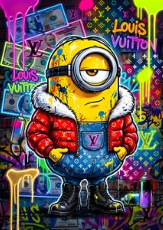 Kreativ Minion i Louis Vuitton Stil - Oplev en livlig fusion af stil og karakter med denne farverige Minion, klædt i en trendy Louis Vuitton-jakke. Det graffiti-inspirerede baggrund giver et moderne og energisk udtryk, perfekt til at pifte ethvert rum op.
