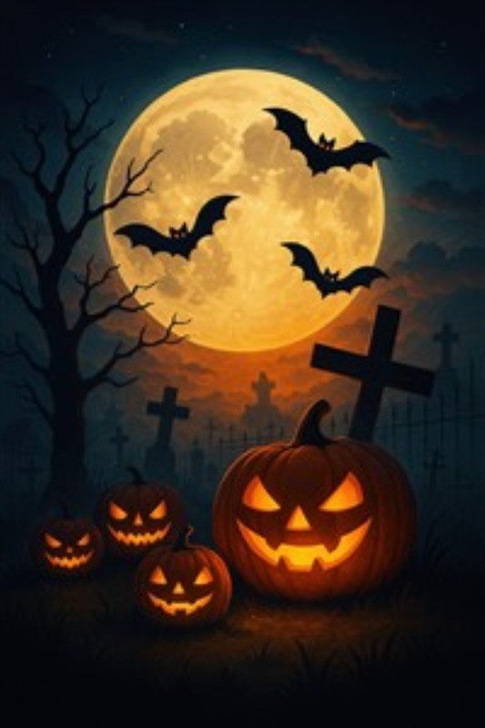 Skræmmende Halloween med Græskar og Flagermus - Oplev den uhyggelige stemning af Halloween med vores enestående plakat. De lysende græskar og de flyvende flagermus sætter den perfekte stemning til din fest eller dekoration, og fuldmoens skær tilføjer en magisk tvist.