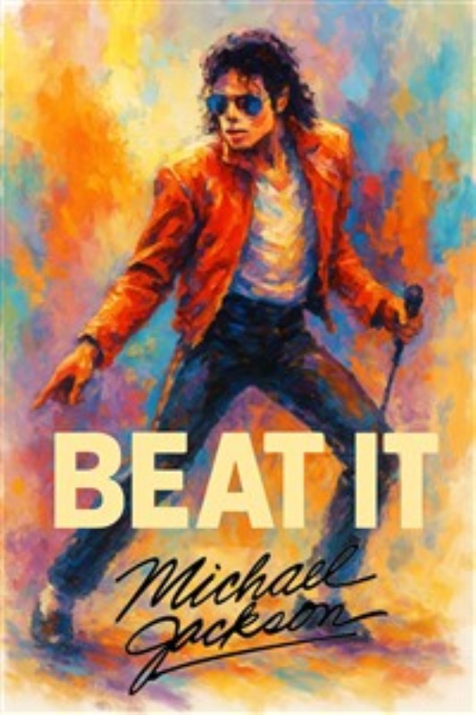 Michael Jackson - Beat It Kunstværk - Oplev den ikoniske energi fra Michael Jacksons 'Beat It' med denne farverige illustration. Den dynamiske komposition og strålende nuancer bringer liv og glæde til ethvert rum.