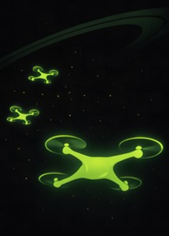 Svævende Grønne Droner i Stjernehimlen - Oplev det fantastiske møde mellem teknologi og universet med denne illustration af grønne droner, der svæver elegant gennem et mørkt stjernehav. En perfekt tilføjelse til ethvert rum, der ønsker at inspirere til drømme og fantasi.