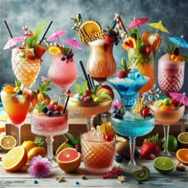 Farverige Cocktails til Festlige Øjeblikke - Oplev en festlig samling af farverige cocktails, pyntet med frugt og livlige paraplyer. Perfekt til at bringe en glad stemning til enhver fest eller sammenkomst!