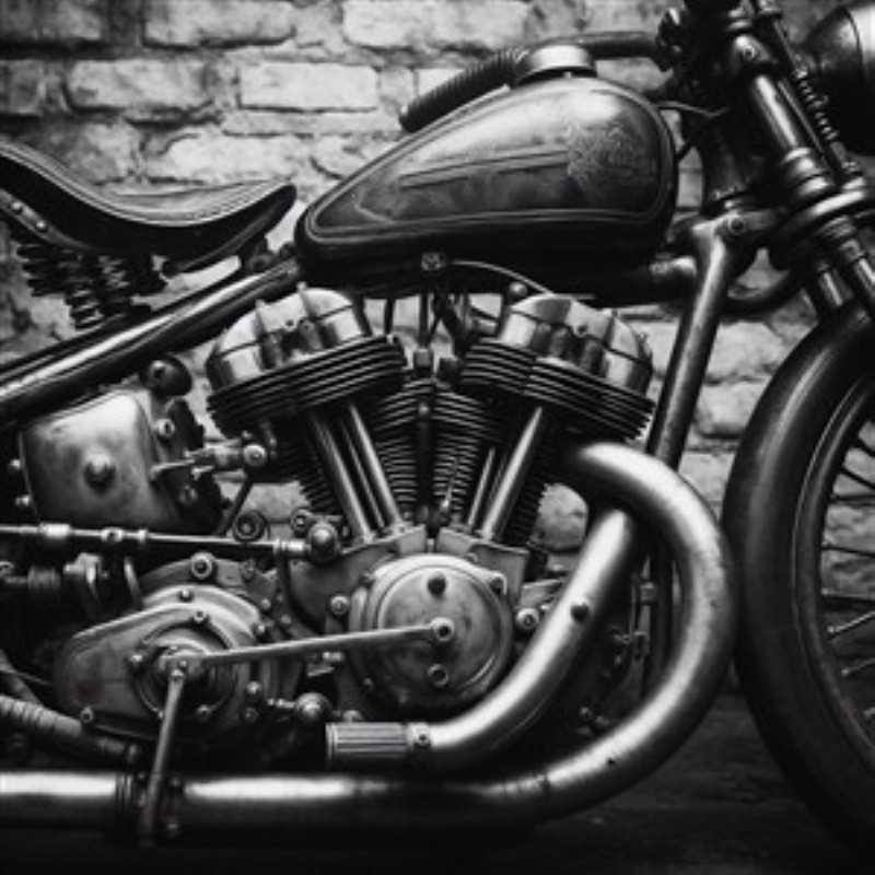 Vintage motorcykel i detaljeret sort-hvid - Dykke ind i det rå og elegante design af denne vintage motorcykel. Med sit fokus på kromdetaljer og en klassisk silhuet, tilføjer dette kunstværk en unik atmosfære til dit rum.