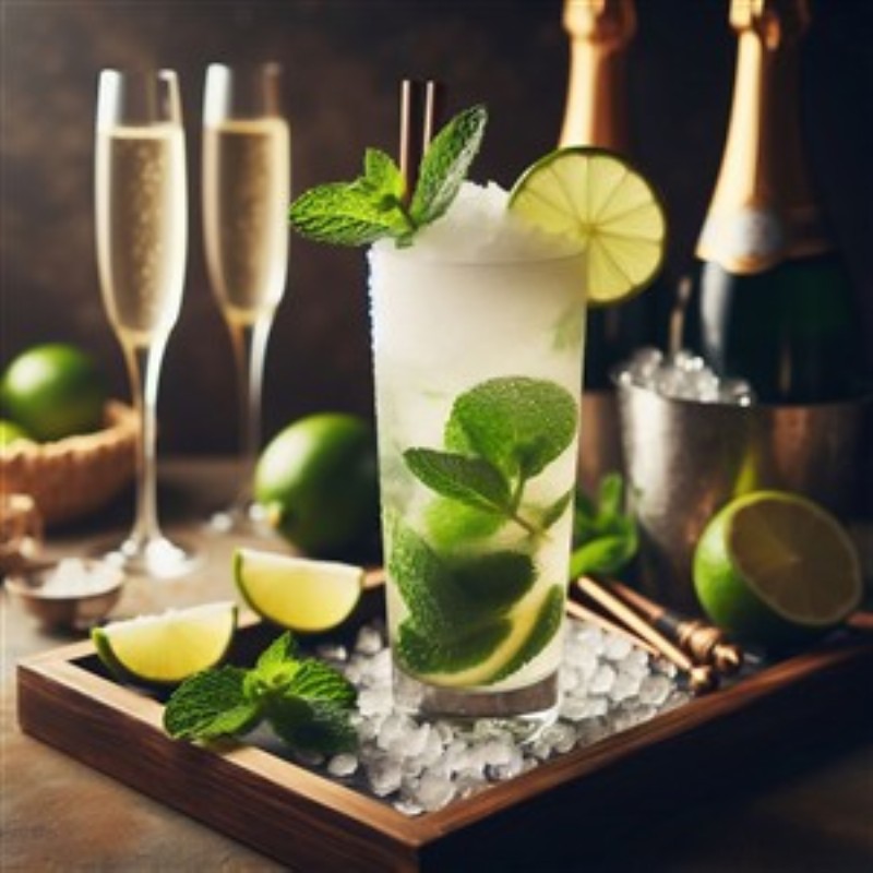 Lækkert Mojito med Frisk Mynte og Lime - Oplev den friske smag af en perfekt mojito, serveret med sprøde limebåde og duftende mynte. Denne cocktail er ikke bare velsmagende, men også et smukt indslag i enhver festlig sammenkomst.