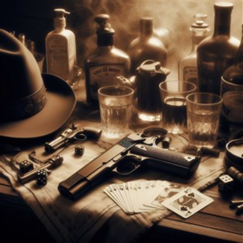 Nostalgi fra Det Vilde Vesten - Oplev en autentisk stemning fra Det Vilde Vesten med dette fantastiske billede af en bar, fyldt med klassiske elementer som pistol, kort og flasker. Dette motiv vil tilføje et unikt og nostalgisk præg til dit hjem.
