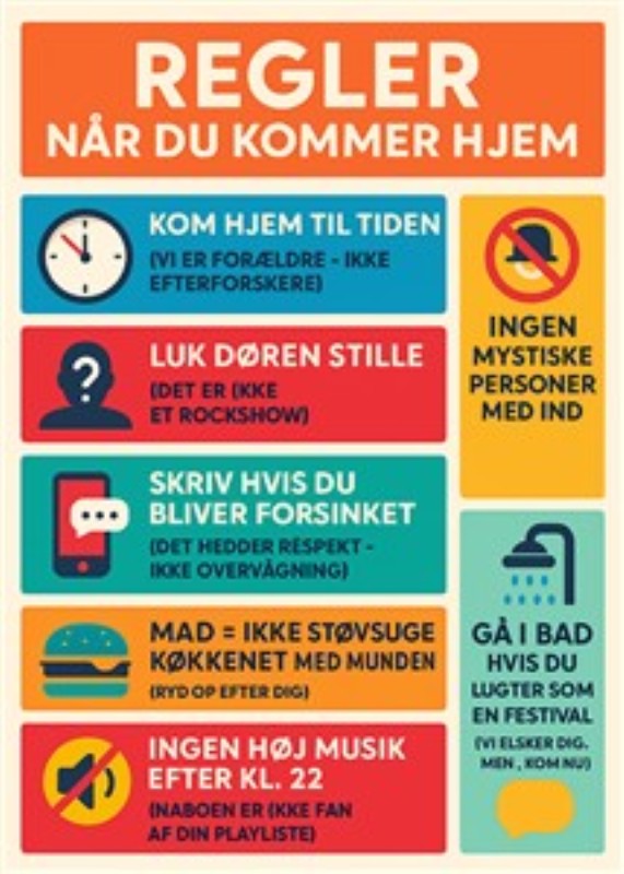 Hjemmet: Sjove Regler for en God Indkomst - Velkommen hjem! Denne farverige infografik præsenterer sjove og lette regler for, hvordan du opfører dig, når du kommer hjem. Perfekt til familier, der ønsker at skabe en afslappet stemning med respekt og omtanke.